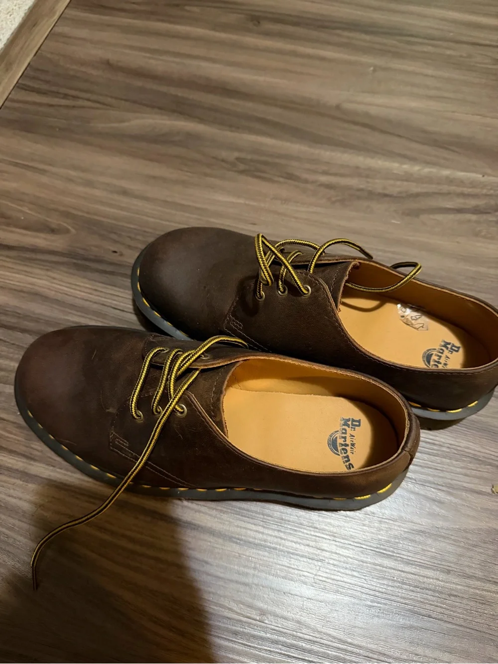 Dr. Martens Brown Leather Lace-Up Flats with Yellow Stitching